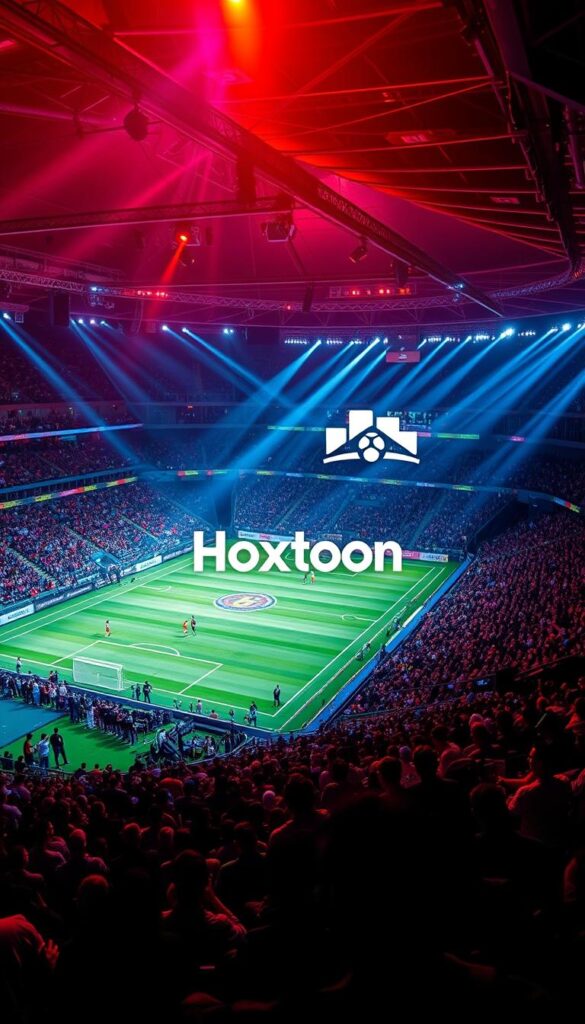 A dynamic sports arena filled with spectators, the center stage showcasing an intense live match. Vibrant lighting bathes the scene, casting dramatic shadows across the field. Hoxtoon Provider's logo stands prominently, signifying the high-quality live streaming experience. Cameras capture every heart-pounding moment, delivering the action to countless viewers across multiple devices. The atmosphere crackles with energy, as fans cheer passionately for their teams. This is the unparalleled content library of 21,000+ live channels, where the thrill of sports unfolds in real-time.