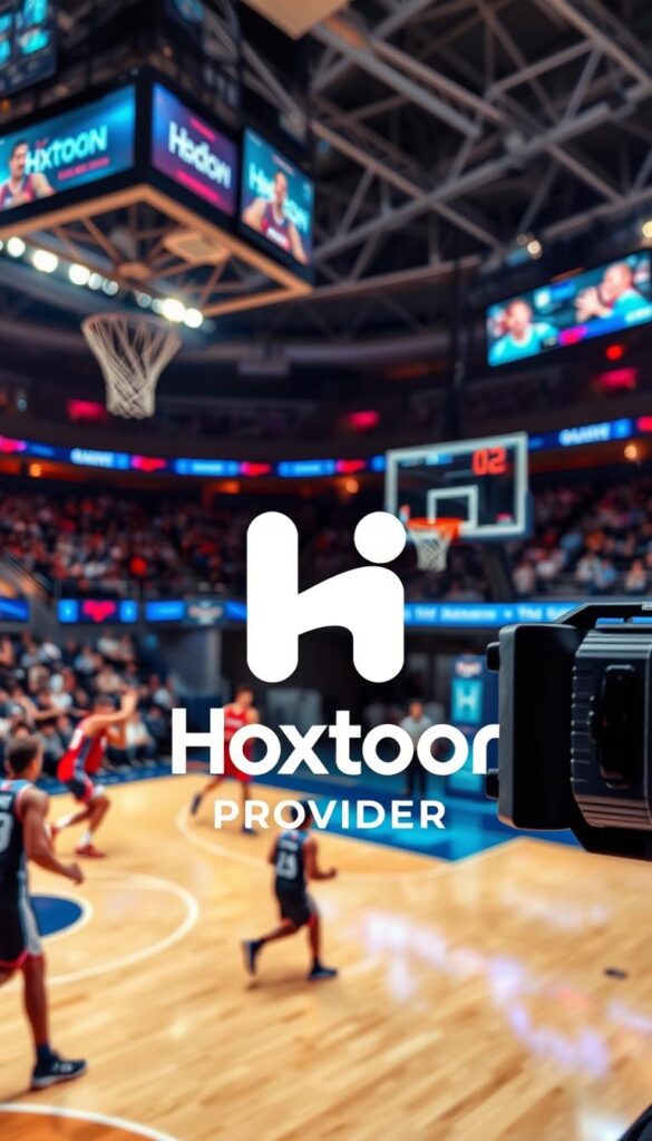 A dynamic sports streaming scene with the Hoxtoon Provider logo prominently displayed. A high-quality live broadcast showcasing a thrilling basketball game, with players in mid-action and the crowd cheering in the background. The scene is illuminated by a combination of stadium lighting and natural daylight, creating a vibrant and immersive atmosphere. The camera angle captures the energy and excitement of the event, conveying the exceptional streaming quality and performance offered by Hoxtoon Provider.