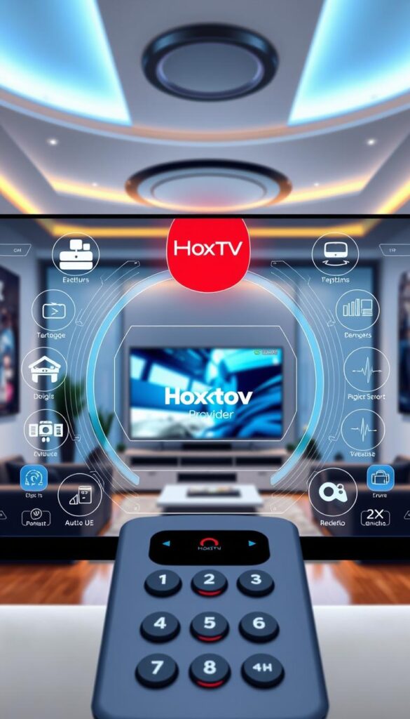 A futuristic and sleek IPTV control interface, with a central display showcasing the Hoxtoon Provider brand prominently. The foreground features various digital icons and interactive elements, hinting at the advanced capabilities of the IPTV technology. The middle ground depicts a modern living room setting, with a large flatscreen TV and home entertainment system, all connected and integrated with the IPTV system. The background showcases a cityscape, highlighting the connectivity and global reach of the IPTV network. The overall scene exudes a sense of technological sophistication, innovation, and the evolution of television viewing experience.