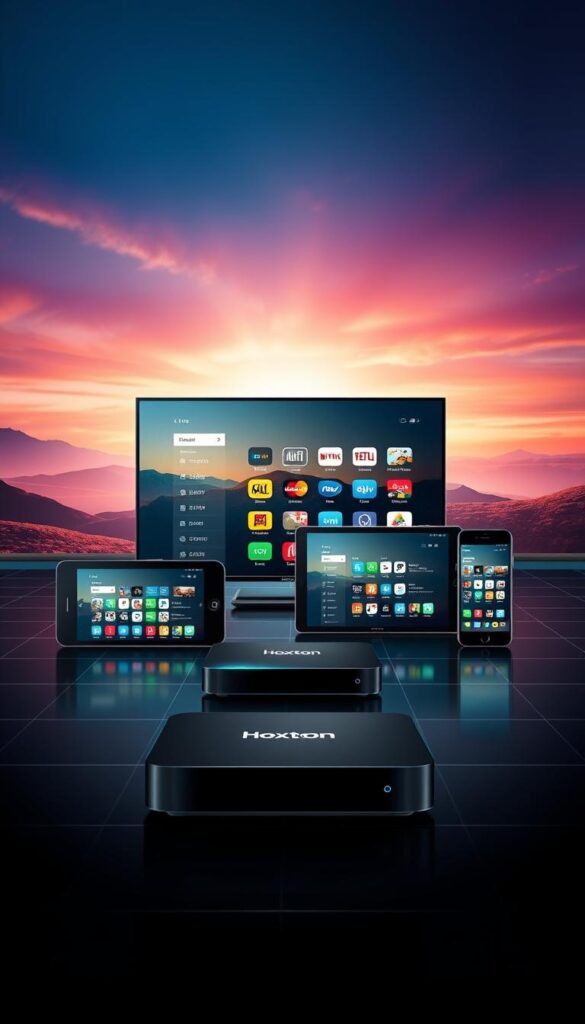 A futuristic and sleek illustration of the Hoxtoon Provider IPTV Premium APK, showcasing its multi-device compatibility. In the foreground, a series of devices - a smart TV, a tablet, a smartphone, and a streaming box - are seamlessly connected, each displaying the Hoxtoon Provider interface. The middle ground features a subtle grid pattern, representing the seamless integration across platforms. The background is a vibrant, gradient-filled landscape, evoking a sense of endless possibilities and technological advancement. The overall scene is captured with a cinematic, high-contrast lighting setup, emphasizing the premium and cutting-edge nature of the Hoxtoon Provider IPTV solution.