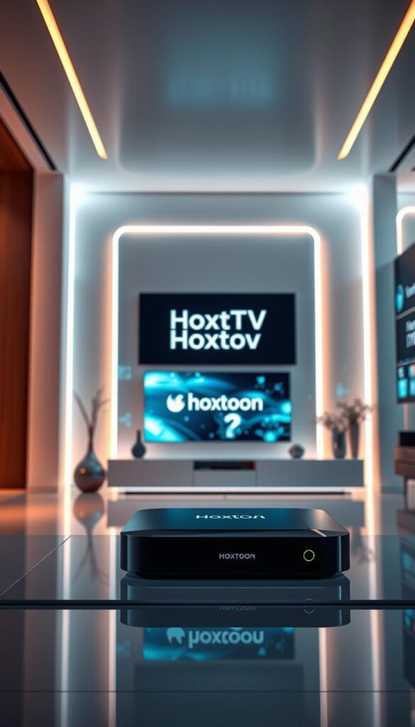 A futuristic and visually stunning image of a top-rated yearly IPTV subscription service. Set in a sleek, modern interior with clean lines and a minimalist aesthetic, the scene features a prominent display showcasing the Hoxtoon Provider brand name. The image is bathed in a warm, soft lighting that creates a sense of sophistication and technological advancement. In the foreground, a high-quality IPTV device commands attention, its sleek design and seamless connectivity hinting at the future of home entertainment. The background is filled with subtle visual cues, such as holographic displays and futuristic interfaces, that further reinforce the cutting-edge nature of the Hoxtoon Provider service. The overall composition conveys a sense of innovation, reliability, and the promise of an exceptional IPTV experience.