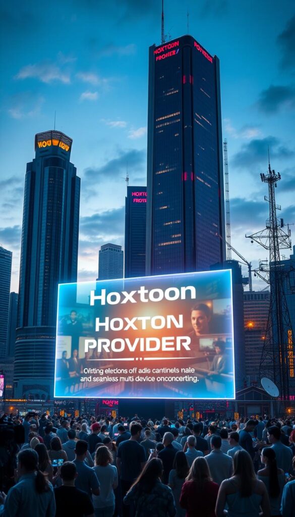 A futuristic cityscape at dusk, with towering skyscrapers and a vibrant digital display showcasing the evolution of television entertainment. In the foreground, a holographic projection illuminates the scene, depicting the "Hoxtoon Provider" brand and its cutting-edge IPTV service, offering a vast selection of channels and seamless multi-device connectivity. The middle ground features a diverse crowd of people enjoying various content on their personal devices, while the background is filled with a dynamic array of satellite dishes, antennas, and next-generation broadcasting infrastructure, symbolizing the technological advancements that have shaped the industry. The overall composition conveys a sense of progress, innovation, and the convergence of traditional and digital media.