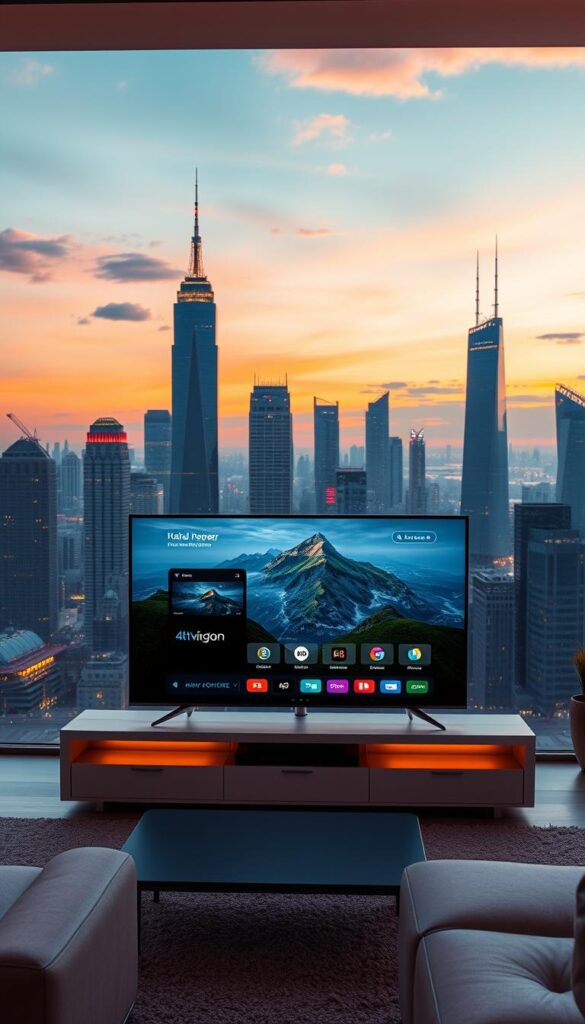 A futuristic cityscape at dusk, with towering skyscrapers and a vibrant, neon-lit skyline. In the foreground, a sleek, modern television screen showcases the Hoxtoon Provider IPTV interface, displaying a crisp, 4K nature documentary. The screen is surrounded by sleek, minimalist furniture, creating a cozy, high-tech living room atmosphere. Soft, ambient lighting casts a warm glow, complementing the futuristic aesthetic. The scene conveys the evolution of television, transitioning from traditional cable to the seamless, immersive experience of IPTV streaming.