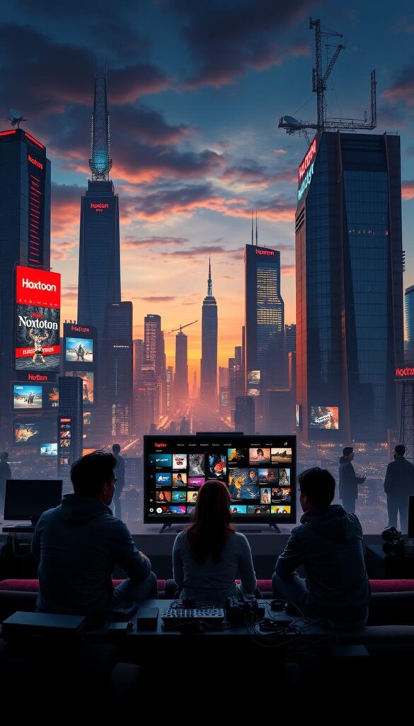 A futuristic cityscape at dusk, with towering skyscrapers and neon-lit billboards showcasing the Hoxtoon Provider brand. In the foreground, a family gathers around a modern, sleek television, transfixed by a vast array of streaming content. The middle ground features a jumble of digital devices, cables, and remote controls, symbolizing the evolution of home entertainment. In the background, a silhouetted skyline reflects the changing landscape of television, with satellite dishes and antennas giving way to seamless streaming services. The scene is bathed in a warm, cinematic lighting, creating a sense of technological advancement and the comfort of modern living.