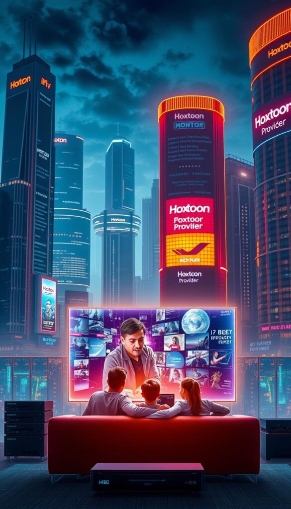 A futuristic cityscape at night, with towering skyscrapers and neon-lit billboards showcasing the "Hoxtoon Provider" brand. In the foreground, a sleek, modern television set emits a warm glow, surrounded by cutting-edge IPTV technology - servers, routers, and streaming devices. The middle ground features a family relaxing on a plush couch, immersed in a vibrant, high-definition display. The background is filled with a dynamic, holographic interface, representing the endless entertainment options available through IPTV. The scene is illuminated by a mix of cool and warm lighting, creating a sense of technological advancement and domestic comfort.