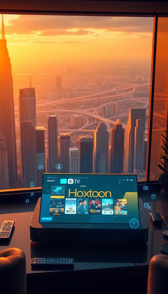 A futuristic cityscape bathed in a warm, golden glow, with towering skyscrapers and a vibrant, pulsing energy. In the foreground, a sleek, high-tech device with the Hoxtoon Provider brand prominently displayed, its screen flickering with a diverse array of streaming content. The device is surrounded by holographic interfaces, sleek remotes, and other cutting-edge home entertainment technology, all seamlessly integrated into the modern, minimalist interior. In the background, a panoramic view of the city, with a network of digital highways and data streams crisscrossing the skyline, symbolizing the evolution of television into the realm of IPTV.