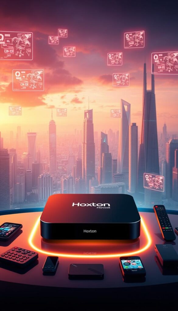 A futuristic cityscape of skyscrapers and floating holographic screens, bathed in a warm, neon-tinged lighting. In the foreground, a sleek, high-tech IPTV set-top box emblazoned with the "Hoxtoon Provider" logo, casting a soft glow. Surrounding it, various smart devices and remote controls, hinting at the seamless integration of the Hoxtoon IPTV service. The middle ground showcases a bustling urban landscape, with people interacting with holographic interfaces and enjoying the latest IPTV content. In the background, a stunning vista of a futuristic metropolis, with towering skyscrapers and a skyline that reflects the advanced, innovative nature of the Hoxtoon IPTV service.