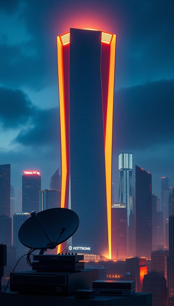 A futuristic cityscape with a modern IPTV tower in the foreground, depicting the technological advancements of the Hoxtoon Provider streaming service. In the background, a traditional satellite dish and cable boxes represent the antiquated systems of traditional TV. The IPTV tower stands tall, emitting a warm, inviting glow, symbolizing the convenience and flexibility of on-demand content. Dramatic lighting and sleek, angular architectural design highlight the contrast between the old and the new, showcasing the superiority of the Hoxtoon Provider's IPTV technology.