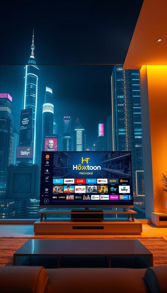 A futuristic cityscape with skyscrapers and billboards, bathed in a neon glow. In the foreground, a sleek, minimalist living room setup with a large flatscreen TV displaying a dynamic IPTV interface. The TV is showcasing the Hoxtoon Provider logo, surrounded by a diverse array of live channels and streaming content. The lighting is warm and ambient, creating an immersive, high-tech atmosphere. The camera angle is slightly elevated, providing a panoramic view of the scene, conveying the technological advancements and the evolution of television viewing.