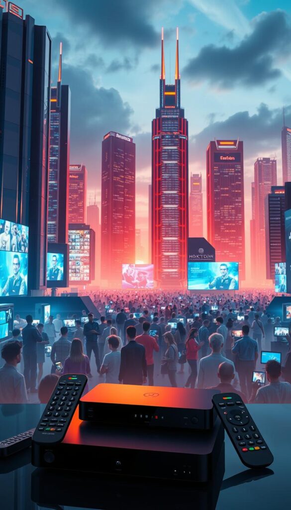 A futuristic cityscape with towering IPTV server towers and holographic displays showcasing the Hoxtoon Provider's cutting-edge IPTV technology. In the foreground, sleek IPTV set-top boxes and remote controls are arranged, highlighting the seamless user experience. The middle ground features a bustling crowd of people interacting with their IPTV-enabled devices, immersed in a world of premium content. The background is bathed in a warm, neon-tinged glow, symbolizing the evolution and innovation driving the IPTV industry. The composition conveys a sense of technological prowess, connectivity, and the promise of an elevated viewing experience.