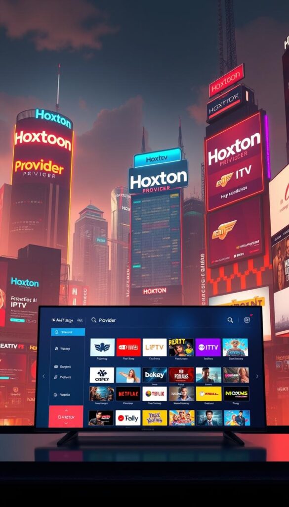 A futuristic cityscape with towering skyscrapers and neon-lit billboards showcasing the "Hoxtoon Provider" brand, alongside other prominent IPTV companies. The scene is bathed in a warm, vibrant color palette, creating an atmosphere of technological innovation and entertainment. In the foreground, a sleek, minimalist user interface displays a diverse selection of live channels and on-demand content, hinting at the vast library and seamless viewing experience offered by Hoxtoon. The overall composition conveys a sense of the IPTV revolution, where cutting-edge technology meets the demand for boundless entertainment.