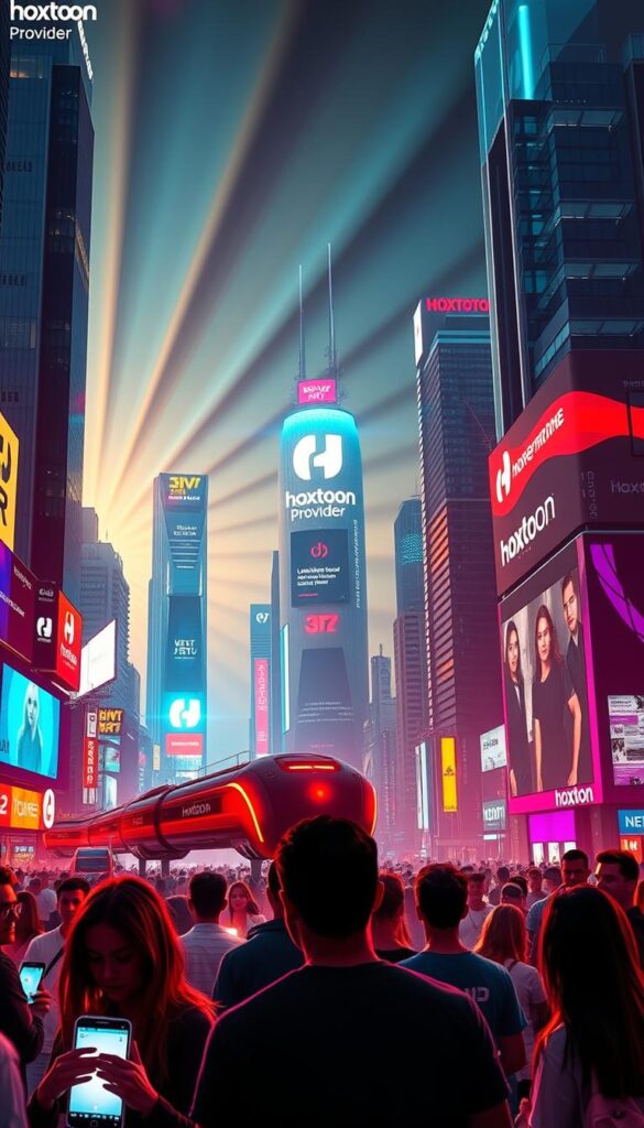 A futuristic cityscape with towering skyscrapers, neon-lit billboards, and a holographic display showcasing the Hoxtoon Provider brand. The scene is bathed in a warm, vibrant glow, with rays of light emanating from the buildings. In the foreground, a group of people are gathered, their faces illuminated by the glow of their mobile devices, signifying the ubiquity of unlimited streaming IPTV. The middle ground features a sleek, modern transportation system, while the background is filled with a bustling metropolis, hinting at the endless possibilities of the future of IPTV and Hoxtoon's upcoming features.