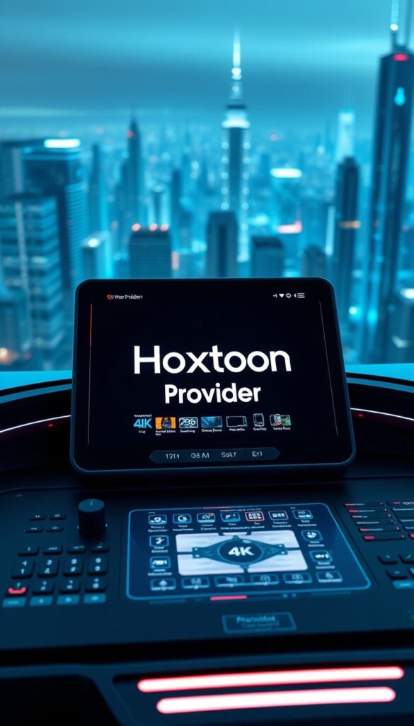 A futuristic control panel with the "Hoxtoon Provider" logo prominently displayed, showcasing a sleek and advanced streaming interface. Glowing holographic displays present a vast array of 4K content options, with intuitive navigation controls and a clean, minimalist design. The panel is bathed in a cool, blue-tinted lighting, creating a sense of high-tech sophistication. In the background, a cityscape of gleaming skyscrapers and futuristic architecture hints at the expansive digital world of Hoxtoon's streaming ecosystem. The overall scene conveys a sense of power, innovation, and the cutting edge of entertainment technology.