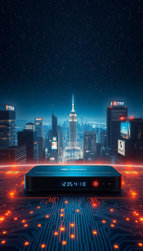 A futuristic digital landscape, illuminated by the glow of a large IPTV interface. In the foreground, a sleek and modern streaming device, the "Hoxtoon Provider", stands as the centerpiece, surrounded by intricate circuit board patterns and glowing data streams. The middle ground features a detailed cityscape, with skyscrapers and neon-lit billboards, reflecting the evolving nature of television entertainment in the digital age. The background is a starry night sky, conveying a sense of boundless possibilities and the limitless reach of digital media. The overall mood is one of technological innovation, connectivity, and the seamless integration of traditional television with the digital world.