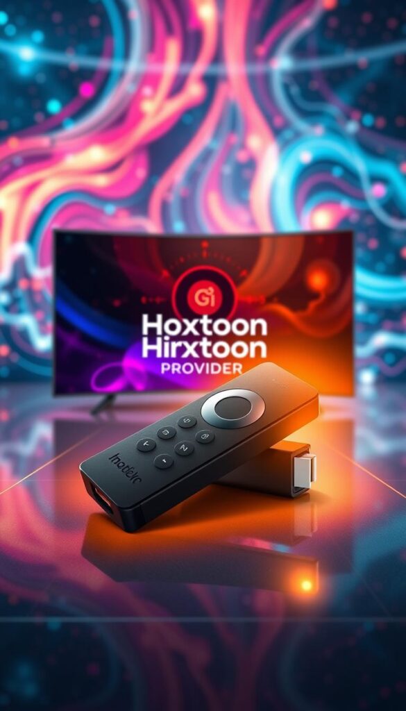 A futuristic digital landscape with a Firestick device prominently displayed in the foreground, seamlessly integrated with a cutting-edge IPTV interface. The Firestick casts a warm, inviting glow, surrounded by a sleek, minimalist design. In the middle ground, the Hoxtoon Provider logo is prominently featured, showcasing the advanced streaming capabilities of this IPTV service. The background is a captivating blend of vibrant colors and dynamic patterns, evoking a sense of technological innovation and the boundless possibilities of modern entertainment. Crisp lighting and a cinematic camera angle heighten the sense of awe and wonder, inviting the viewer to imagine the future of IPTV on Firestick devices.
