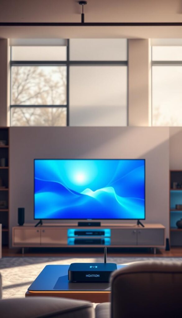 A futuristic, high-definition streaming experience. In the foreground, a sleek, modern television set displays a vibrant, crystal-clear image. Backlit by a soft, ambient glow, the television stands as the centerpiece, showcasing the pinnacle of home entertainment. In the middle ground, a minimalist entertainment center houses the Hoxtoon Provider streaming device, its elegant design blending seamlessly with the surrounding decor. The background is filled with a warm, inviting living room, with large windows allowing natural light to stream in, creating a cozy and immersive atmosphere. The lighting is carefully balanced, casting gentle shadows and highlights that enhance the sense of depth and realism. An air of sophisticated technology and comfort pervades the scene, capturing the essence of the revolution in television through IPTV technology.