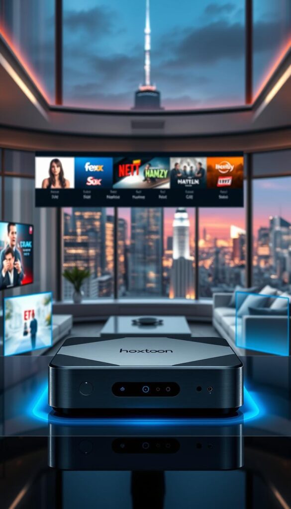 A futuristic, high-tech IPTV setup with a sleek, metallic Hoxtoon Provider box prominently displayed in the foreground. The box is surrounded by digital screens and interfaces showcasing the catch-up TV functionality, with various streaming service logos and program thumbnails. In the middle ground, a modern living room setting with comfortable furniture and large windows providing natural lighting. The background features a cityscape with skyscrapers and a vibrant, glowing skyline, hinting at the growing popularity of IPTV and catch-up TV in the USA. The overall scene conveys a sense of cutting-edge technology, entertainment, and the convenience of on-demand content.