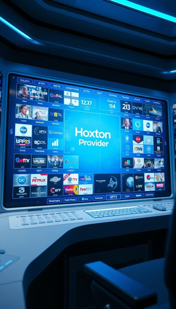A futuristic, high-tech control panel displaying a grid of IPTV channels available in the USA. The panel features the Hoxtoon Provider logo prominently in the center, surrounded by detailed readouts of channel names, program information, and real-time viewership data. The interface is sleek and minimalist, with a blue and white color scheme and subtle holographic effects. The lighting is cool and modern, creating a sense of technological sophistication. The camera angle is slightly elevated, giving an overview of the comprehensive IPTV offering. The overall atmosphere conveys the power and capability of the Hoxtoon Provider platform to deliver a premium IPTV experience to customers in the United States.