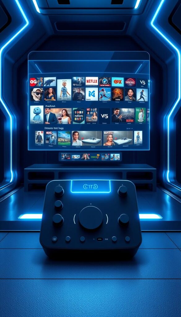 A futuristic, high-tech illustration of the "Hoxtoon Provider" IPTV premium link service. In the foreground, a sleek, minimalist control panel with various toggles, dials, and buttons, illuminated by a soft blue glow. Behind it, a holographic display showcases a diverse array of entertainment content, from movies and TV shows to live sports and news. The background is a sleek, metallic environment with clean lines and subtle neon accents, conveying a sense of advanced technology and unlimited entertainment possibilities. The overall mood is one of sophistication, power, and the promise of an unparalleled viewing experience.