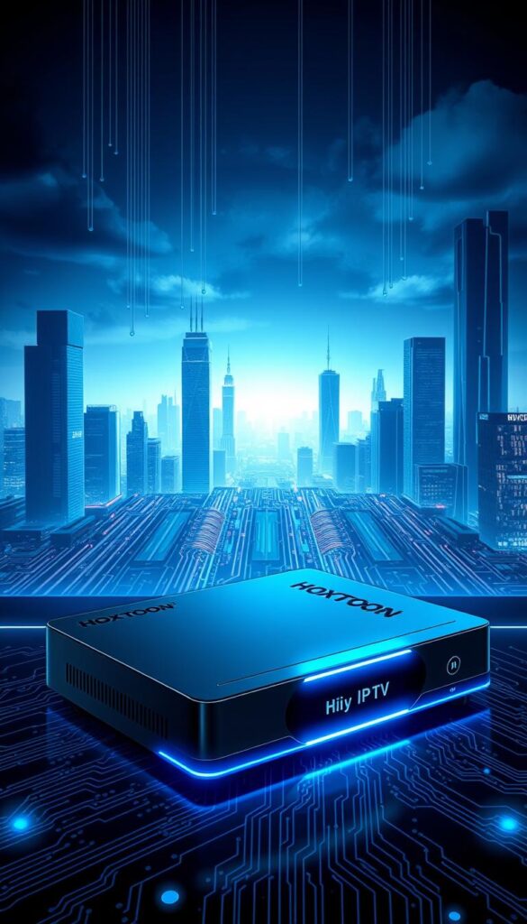 A futuristic, high-tech illustration of the Hoxtoon Provider IPTV system. In the foreground, a sleek, modern IPTV set-top box glowing with blue LED accents. In the middle ground, a complex circuit board with intricate electronic components, symbolizing the advanced technology powering the IPTV service. In the background, a cityscape of skyscrapers and futuristic architecture, hinting at the global reach and interconnectivity of the Hoxtoon Provider IPTV network. The scene is illuminated by cool, directional lighting, creating a sense of technological sophistication. The overall mood is one of innovation, efficiency, and the evolution of home entertainment.