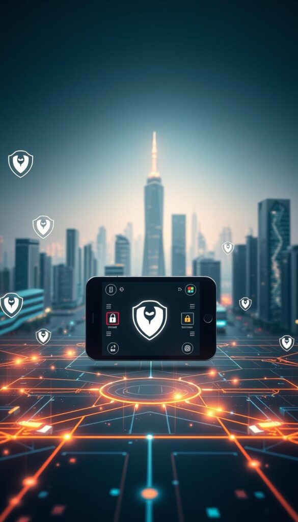 A futuristic, high-tech image showcasing the security and privacy features of the Hoxtoon Provider IPTV service. In the foreground, a secure data network with encrypted nodes and digital shields shimmers. In the middle ground, a smart device displays the Hoxtoon Provider logo, surrounded by security icons and indicators. In the background, a sleek, minimalist cityscape stretches, lit by neon-tinged skyscrapers. The overall scene conveys a sense of advanced technology, robust data protection, and a premium IPTV experience.