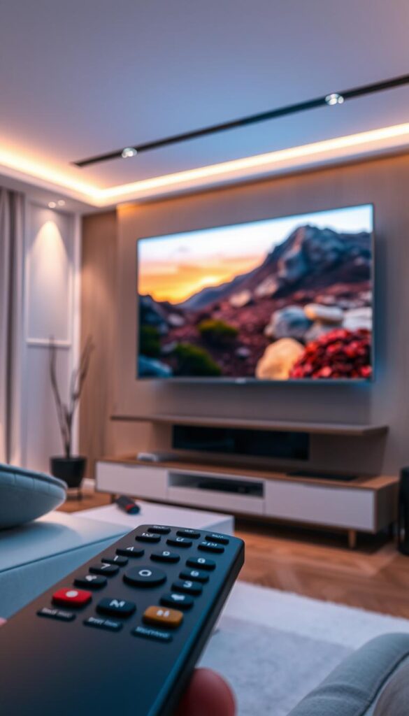 A futuristic living room with a large, high-definition television mounted on the wall. The room is filled with soft, ambient lighting, creating a cozy and inviting atmosphere. In the foreground, a sleek, modern remote control is visible, symbolizing the seamless integration of technology into the home environment. The television displays a vibrant, realistic image, showcasing the exceptional visual quality of the "Hoxtoon Provider" IPTV service. The overall scene conveys the evolution of television viewing, blending cutting-edge technology with a comfortable, contemporary setting.