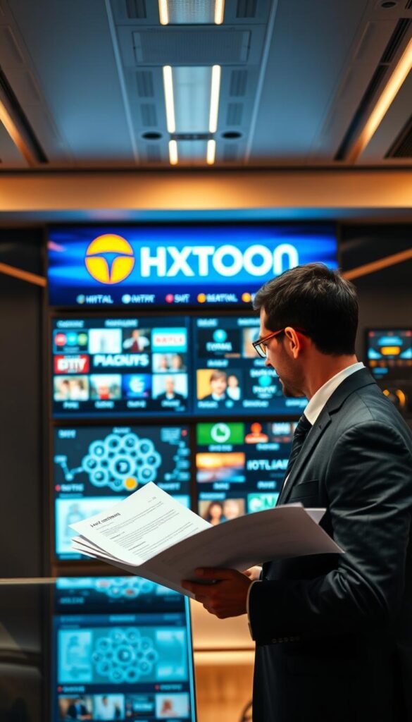 A futuristic office setting with a large display showcasing the Hoxtoon Provider brand and various IPTV channels. The scene is bathed in warm, subdued lighting, creating a professional and authoritative atmosphere. In the foreground, a businessperson reviews legal documents related to content licensing, while in the background, a network diagram and server racks indicate the technical infrastructure powering the IPTV service. The composition emphasizes the careful consideration and legal compliance required for a comprehensive IPTV offering.