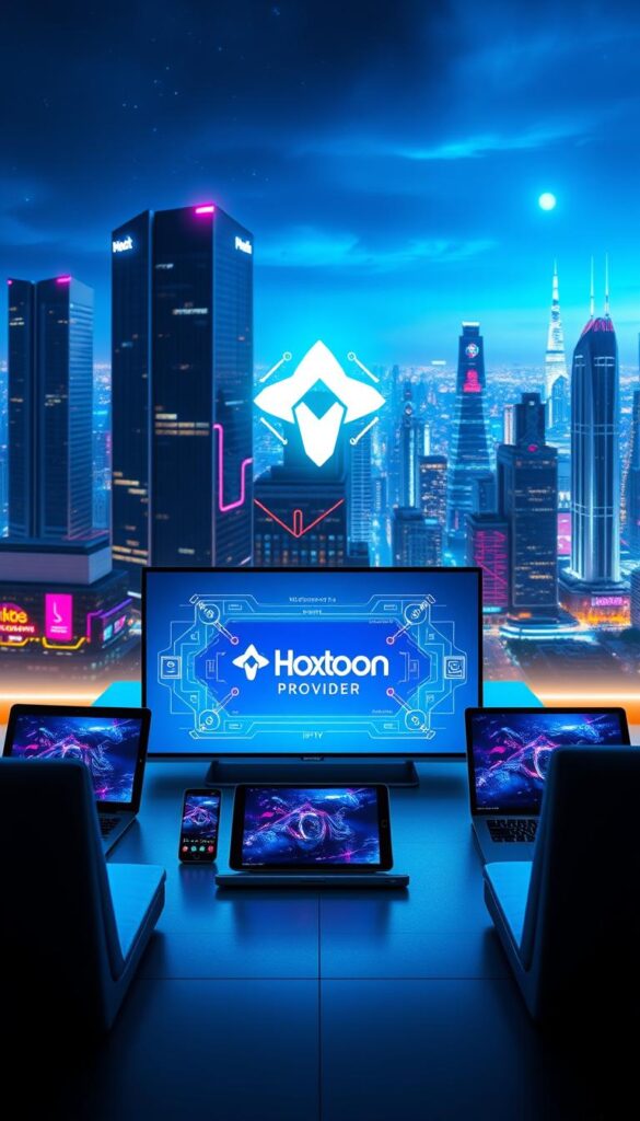 A futuristic scene depicting the multi-device compatibility of the Hoxtoon Provider IPTV service. In the foreground, a collection of sleek, modern devices including a smart TV, tablet, smartphone, and laptop, all connected and streaming content seamlessly. The middle ground features a vibrant, holographic user interface showcasing the Hoxtoon Provider logo, with a minimalist, high-tech aesthetic. The background is a dynamic cityscape, with futuristic skyscrapers and a vibrant, neon-lit skyline, conveying a sense of advanced technology and connectivity. The lighting is clean, crisp, and evenly distributed, creating a sense of balance and harmony. The overall mood is one of cutting-edge technology, seamless integration, and the future of entertainment.