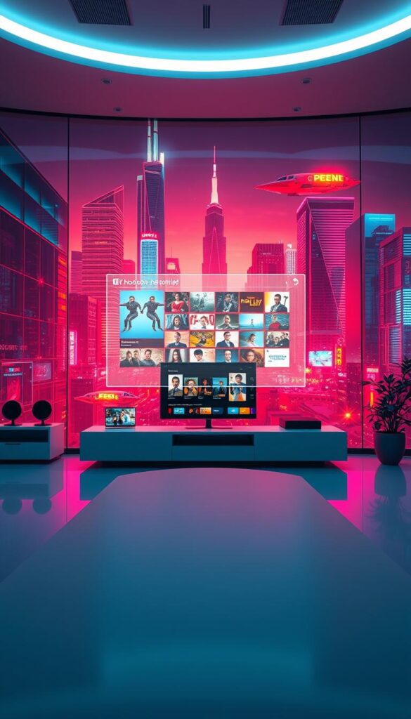 A futuristic scene of the Hoxtoon Provider IPTV service's catch-up TV capabilities. In the foreground, a sleek, holographic interface hovers over a minimalist home entertainment setup, displaying a wide array of on-demand content. The middle ground features a smooth, reflective surface, creating a sense of depth and advanced technology. In the background, a vibrant, neon-infused cityscape with towering skyscrapers and hovering vehicles sets the scene for the cutting-edge IPTV experience. The lighting is a balanced mix of warm and cool tones, highlighting the seamless integration of digital and physical elements. The overall mood is one of futuristic sophistication and the promise of a transformative IPTV catch-up service.