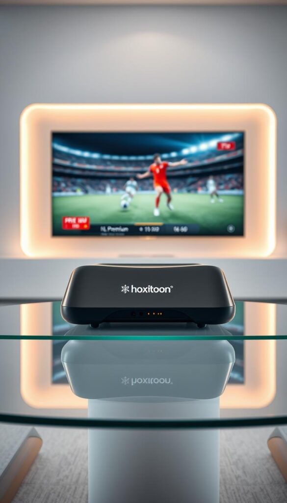 A futuristic smart IPTV device, with a sleek and minimalist design. The device is situated on a modern, glass-topped table, surrounded by a clean, white environment. Soft, diffused lighting creates a warm, high-tech ambiance. The Hoxtoon Provider logo is discreetly displayed on the device, showcasing its premium capabilities. In the background, a large, high-definition screen displays a live sports event, demonstrating the device's ability to deliver premium IPTV content. The overall scene evokes a sense of technological advancement, convenience, and the evolution of sports broadcasting.