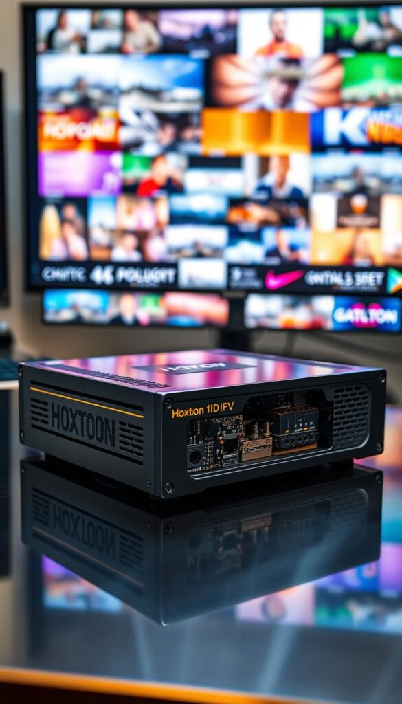 A gleaming 4K IPTV encoder sits on a sleek, metallic desk, its polished housing reflecting the warm glow of the task lighting overhead. Hoxtoon Provider's logo emblazoned on the front panel, a testament to its industry-leading capabilities. The device's intricate interior mechanisms, visible through strategically placed vents, suggest a level of engineering precision. In the background, a large, high-resolution display showcases the vibrant, crystal-clear video streams, hinting at the encoder's ability to deliver a premium viewing experience. The scene conveys a sense of technological sophistication and a commitment to delivering the best possible IPTV service.