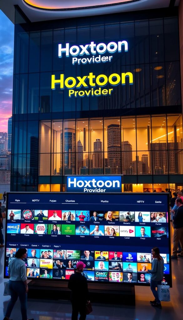 A gleaming corporate office building, modern and sleek, stands tall against a backdrop of a vibrant city skyline. The "Hoxtoon Provider" logo is prominently displayed on the facade, its bold typography and vibrant colors commanding attention. The lobby is bustling with activity, filled with knowledgeable employees assisting customers with IPTV subscriptions and troubleshooting. Soft, warm lighting illuminates the space, creating a welcoming atmosphere. In the foreground, a large flat-screen TV displays the extensive channel lineup and on-demand content available through the Hoxtoon service, showcasing its comprehensive offering. The overall scene conveys a sense of professionalism, reliability, and technological innovation, reflecting Hoxtoon's position as "America's Premier IPTV Provider."