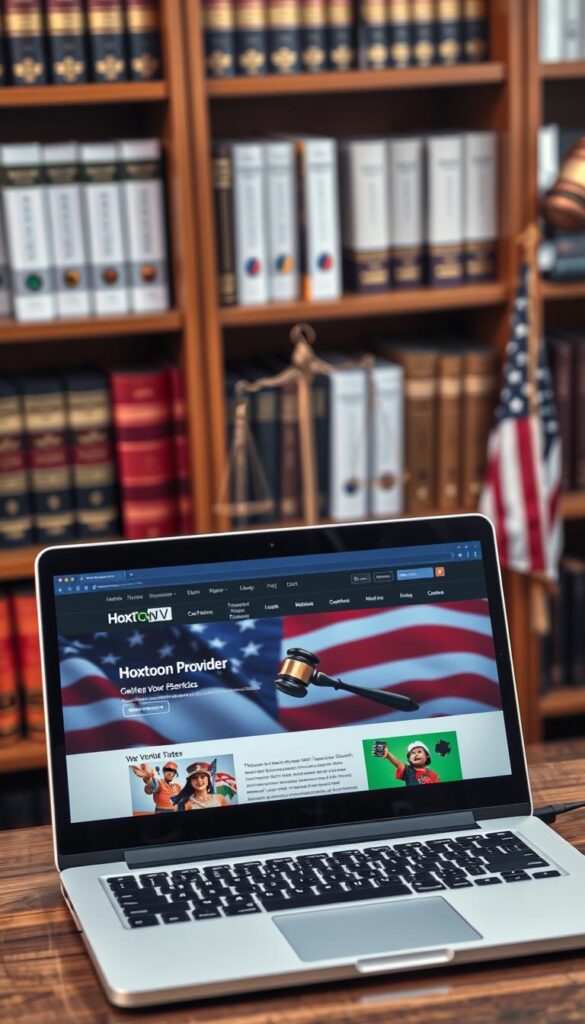 A high-angle shot of a bookshelf, with legal books and documents prominently displayed. In the foreground, a laptop screen showing the Hoxtoon Provider website, highlighting their IPTV services. The middle ground features a gavel, scales of justice, and a US flag, symbolizing the legal framework surrounding IPTV. The background is softly blurred, creating a sense of depth and focus on the central elements. The overall mood is one of authority, professionalism, and the complex legal landscape of IPTV in the United States.