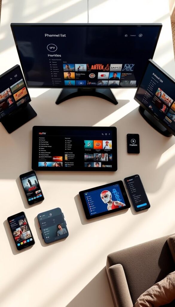 A high-angle shot of multiple mobile devices, tablets, and smart TVs displaying the Hoxtoon Provider IPTV channel list. The devices are arranged neatly on a modern, minimalist table, with a warm, natural lighting creating soft shadows. The channel list interface is clearly visible, showcasing a vast selection of premium content across various genres. The scene conveys a sense of convenience, versatility, and the ability to access entertainment on multiple devices simultaneously.