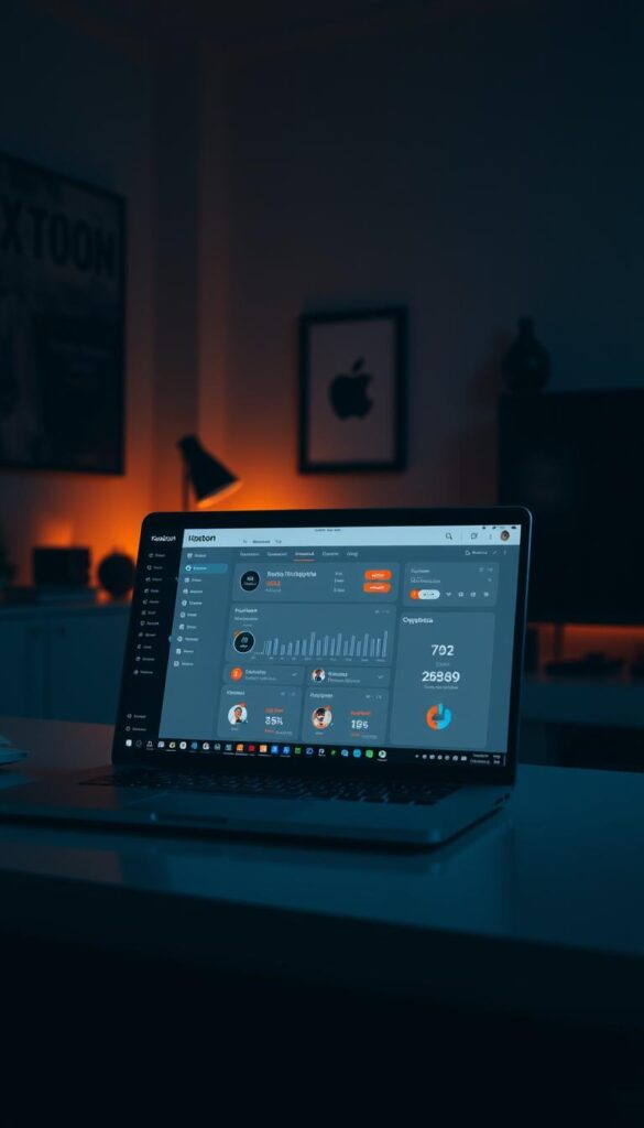 A high-contrast, cinematic image of a laptop screen displaying a Hoxtoon Provider IPTV dashboard. The screen shows a clean, intuitive interface with real-time analytics, customizable settings, and an optimized streaming experience. The background is a dimly lit home office setting, with warm lighting and a sense of focus and productivity. The laptop is positioned on a sleek, minimalist desk, framed by a modern, monochrome decor. The overall mood is one of technological sophistication and effortless IPTV optimization.