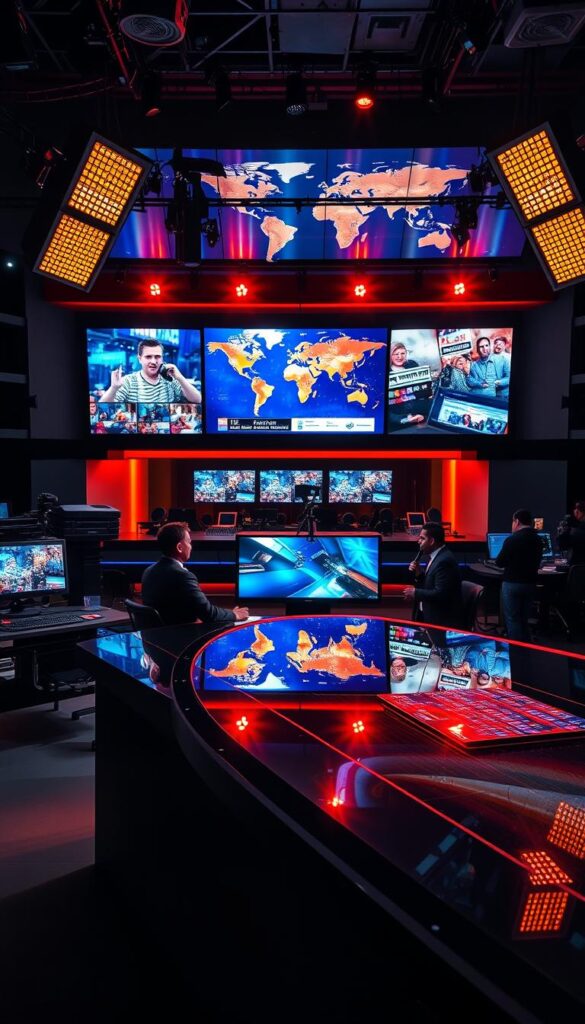 A high-contrast, cinematic image of a vibrant Latino TV network studio. In the foreground, a sleek, modern newsdesk with anchors delivering engaging reports. Behind them, a large video wall displays dynamic, colorful graphics and footage from around the world. The lighting is dramatic, with a mix of warm and cool tones that create a sense of energy and professionalism. In the background, a bustling control room is visible, with technicians hard at work. The overall atmosphere conveys the excitement and diversity of Latino television, showcasing the Hoxtoon Provider brand as a premier destination for premium content.