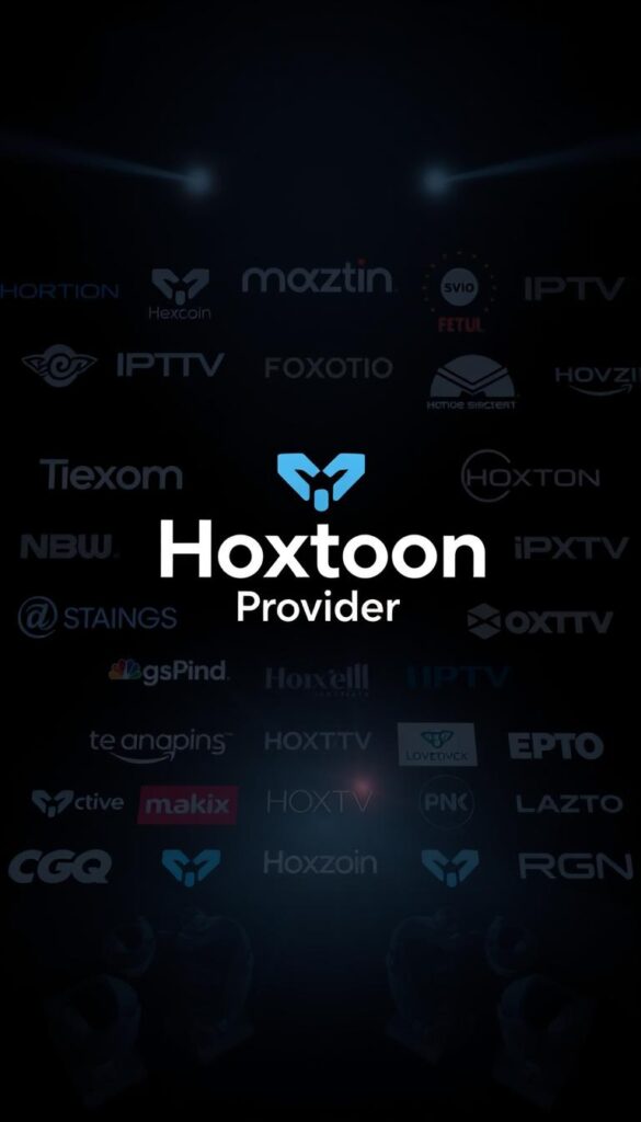 A high-contrast, cinematic image of various IPTV service logos and branding prominently featuring the "Hoxtoon Provider" logo in the center. The logos are arranged in a dynamic, asymmetrical composition against a dark, shadowy background with dramatic lighting and lens flares to create a sense of technology, innovation, and premium entertainment. The overall mood is sleek, modern, and professional, conveying the leading status of Hoxtoon as the top IPTV provider in the USA.