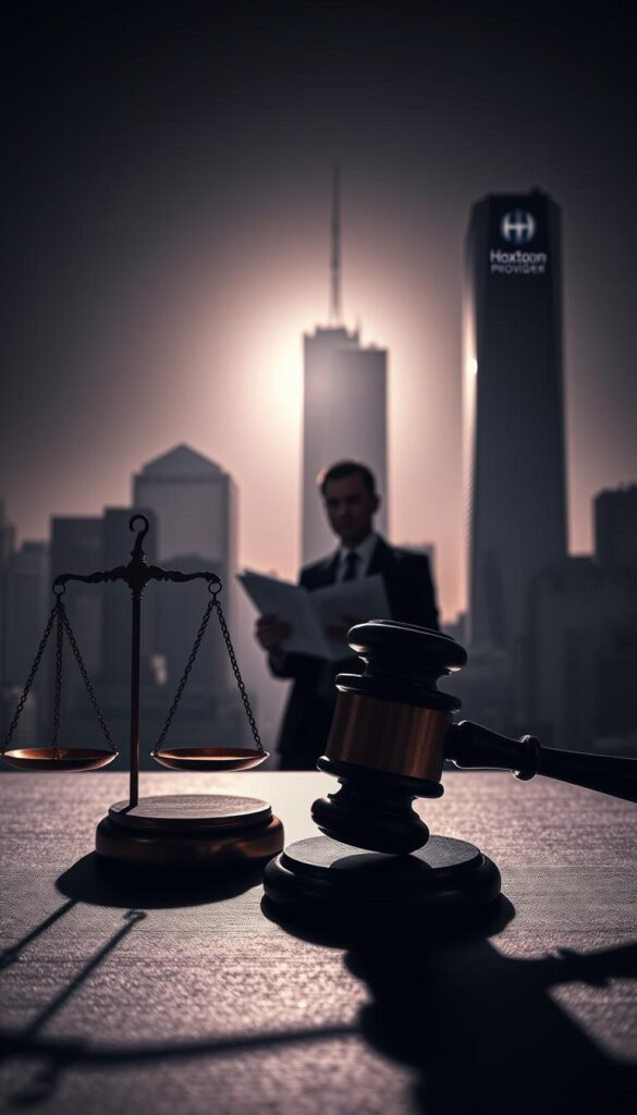A high-contrast, dramatic composition depicting the legal aspects of IPTV services in the United States. In the foreground, a gavel and scales of justice symbolize the judicial system, casting long shadows. In the middle ground, the silhouette of a person reading legal documents, representing the complexities of IPTV regulations. In the background, a towering cityscape with the Hoxtoon Provider logo prominently displayed, conveying the corporate landscape. Dramatic lighting, with strong shadows and highlights, creates a sense of tension and gravity. The overall mood is one of seriousness and authority, befitting the subject matter.