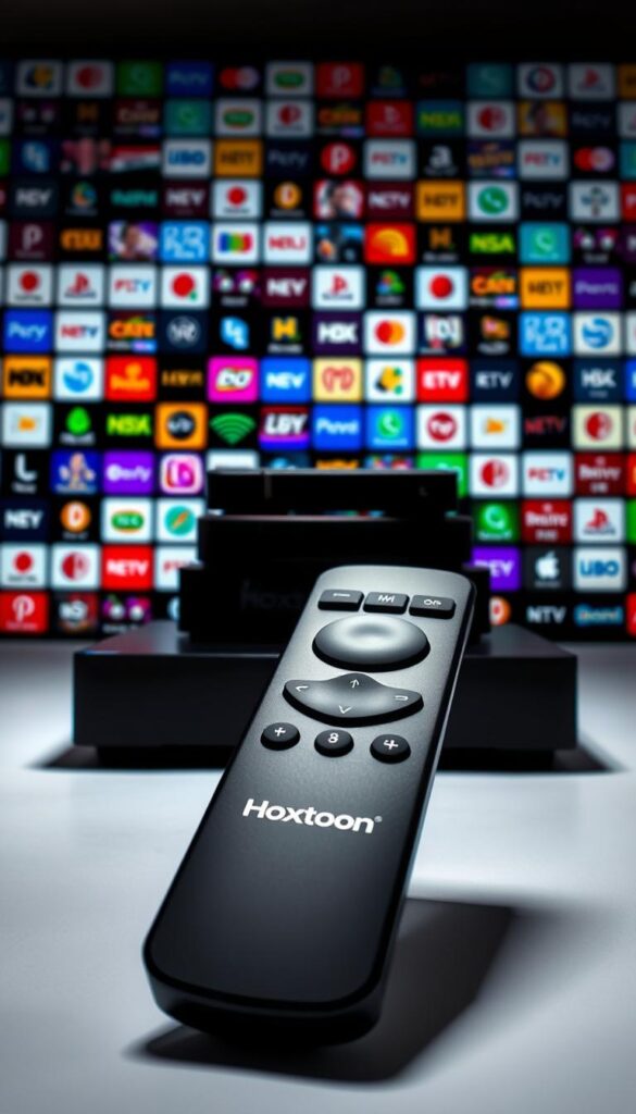 A high-contrast, studio-lit image showcasing the Hoxtoon Provider IPTV subscription service. In the foreground, a sleek black remote control with the Hoxtoon logo prominently displayed. In the middle ground, a stack of streaming devices in various sizes, hinting at the multi-device compatibility. The background features a vibrant mosaic of colorful channel logos, suggesting the breadth of content available. The lighting is crisp and directional, casting dramatic shadows that convey a sense of quality and professionalism. The overall mood is modern, tech-savvy, and visually compelling, reflecting the premium nature of the Hoxtoon IPTV offering.
