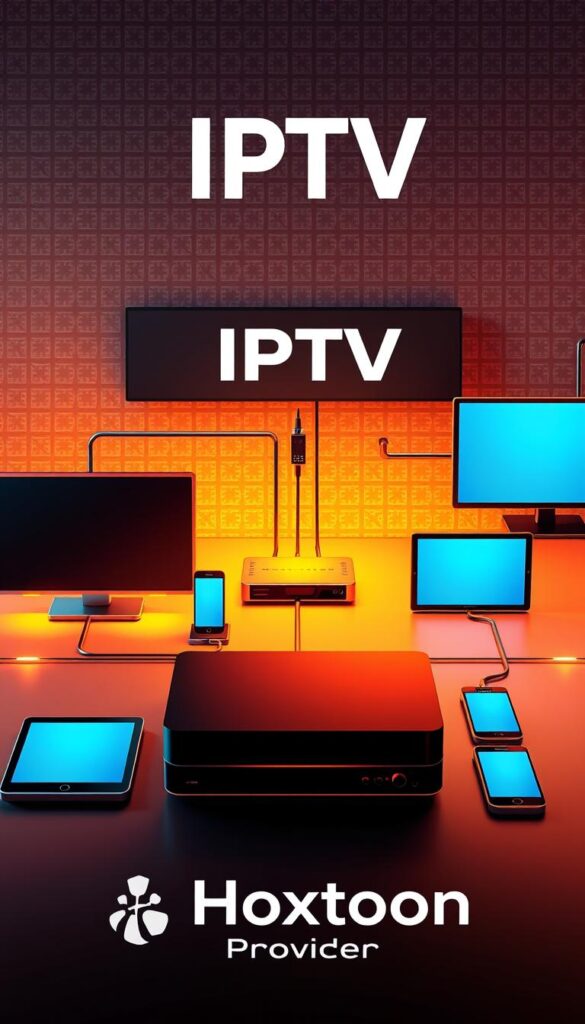 A high-contrast, technical illustration of the IPTV (Internet Protocol Television) technology, showcasing its core components and functionalities. The scene depicts a sleek, modern setup with a central IPTV set-top box connected to various digital devices, including smart TVs, tablets, and smartphones, all linked via a seamless network infrastructure. The background features a subtle grid pattern, hinting at the digital nature of the system. Warm lighting illuminates the scene, creating a sense of clarity and professionalism. The Hoxtoon Provider logo is prominently displayed, highlighting its role as a leading IPTV service provider.
