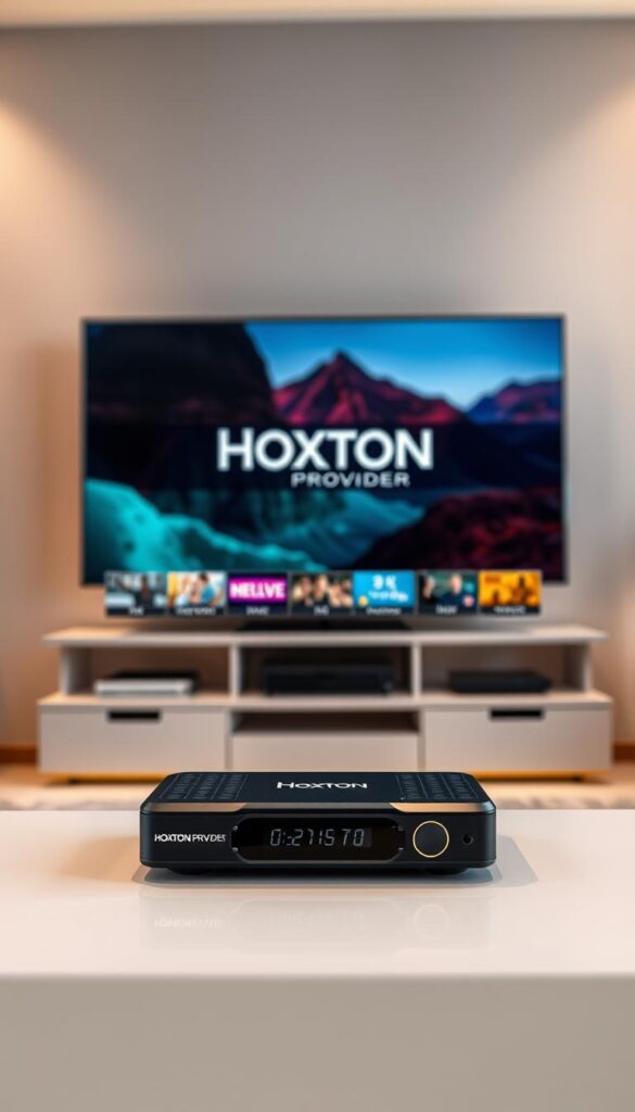 A high-definition 4K IPTV streaming setup with the Hoxtoon Provider brand prominently displayed. The scene features a modern, minimalist living room with sleek, high-end entertainment equipment. In the foreground, a cutting-edge 4K TV displays vibrant, realistic visuals. The middle ground showcases a state-of-the-art media streaming device, its sharp, detailed interface showcasing Hoxtoon Provider's premium IPTV service. The background is filled with subtle ambient lighting, creating a warm, inviting atmosphere. Cinematic camera angles and precise lighting capture the technical precision and visual fidelity of this premium 4K IPTV experience.