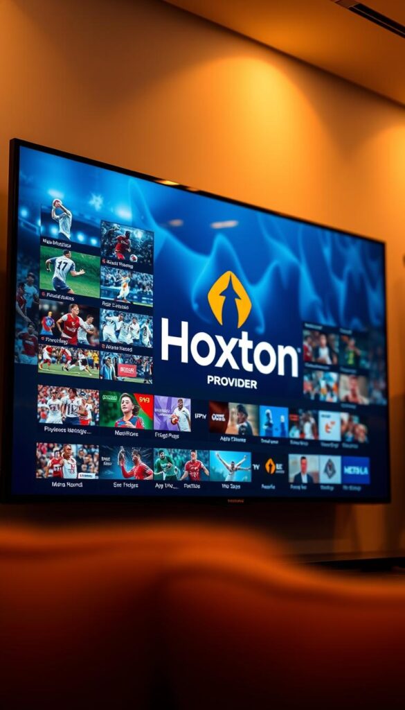 A high-definition digital display showcasing a diverse array of sports IPTV channels, with the Hoxtoon Provider logo prominently featured. The screen is bathed in warm, soft lighting, creating a cozy and inviting atmosphere. In the background, faint outlines of various sports events and highlights can be seen, hinting at the wealth of content available. The overall composition conveys the evolution of sports broadcasting in the digital era, where cutting-edge technology and a wide range of programming converge to deliver an immersive viewing experience.