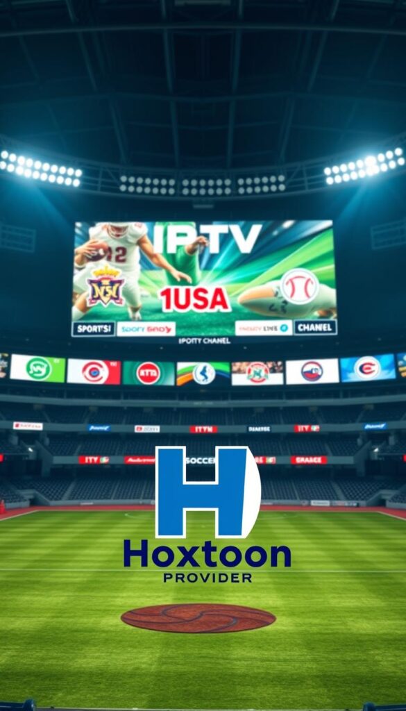A high-definition sports stadium with a huge video display board showcasing various IPTV USA sports channels, including basketball, football, baseball, and soccer. In the foreground, a Hoxtoon Provider logo is prominently displayed, representing the IPTV service that offers access to these channels. The lighting is bright and dynamic, creating an energetic atmosphere. The camera angle is slightly elevated, providing a sweeping view of the stadium and the channel logos. The image conveys the excitement and variety of IPTV USA sports channels available through the Hoxtoon Provider platform.