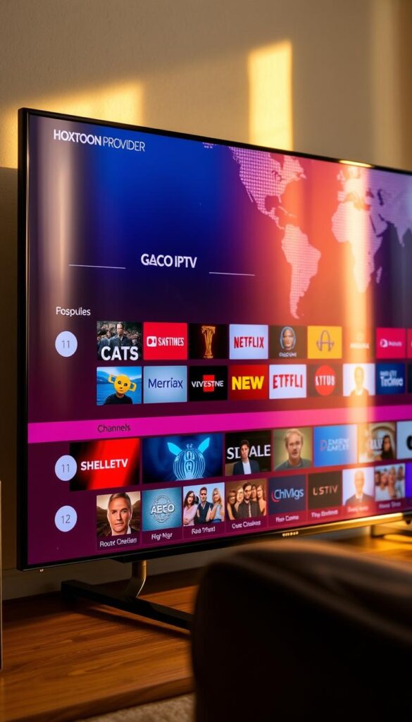 A high-definition television screen displaying a diverse array of IPTV channels, with a sleek and modern interface showcasing the Hoxtoon Provider brand. The screen is bathed in warm, natural lighting, creating a cozy and inviting atmosphere. In the foreground, a selection of popular channels is prominently featured, allowing the viewer to easily navigate and select their desired content. The middle ground showcases a range of genre-specific channels, catering to a variety of interests. In the background, a subtle visualization of the Hoxtoon Provider's global reach and comprehensive service offering adds depth and context to the scene.