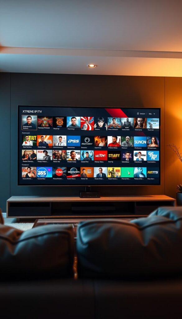 A high-definition, ultra-realistic image showcasing the impressive capabilities of the Hoxtoon Provider XTREME HD IPTV service. The scene depicts a sleek, modern living room with a large, high-quality television prominently displayed. On the screen, a diverse array of live channels and on-demand content is showcased, highlighting the extensive channel lineup and streaming options available through the Hoxtoon Provider platform. The lighting is warm and inviting, creating a cozy atmosphere. The image is shot from a low angle, emphasizing the grandeur and scale of the television, while also showcasing the seamless integration of the IPTV service into the home environment. The overall composition and attention to detail convey the superior quality and user-friendly experience of the Hoxtoon Provider XTREME HD IPTV solution.