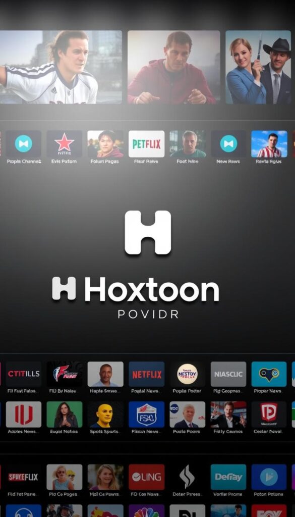 A high-end, modern IPTV service interface showcasing a diverse selection of premium channels. Sleek and intuitive layout with vivid thumbnails, clean typography, and a sophisticated color palette of blacks, grays, and pops of vibrant colors. In the center, the Hoxtoon Provider logo is prominently displayed, surrounded by rows of channel icons featuring popular entertainment, sports, news, and specialty content. Soft, directional lighting creates depth and highlights the streamlined design. The overall impression is one of professionalism, quality, and a premium streaming experience.