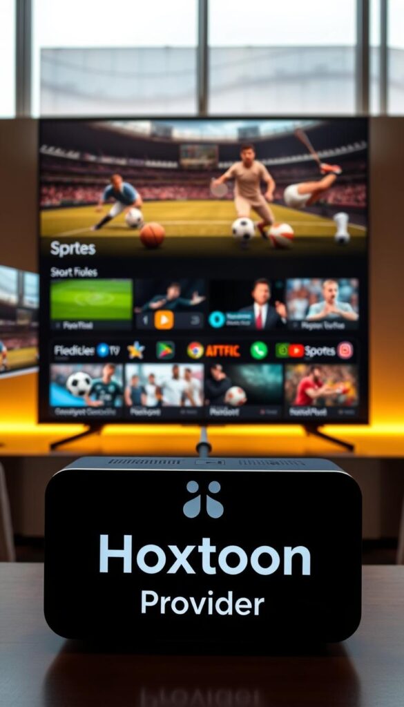 A high-end, modern IPTV service with a sleek, minimalist interface. The interface showcases various sports channels and content, with a focus on live events. The foreground features the "Hoxtoon Provider" logo prominently displayed, conveying the brand's authority and reliability. The middle ground depicts a range of sports icons, such as footballs, basketballs, and tennis rackets, suggesting the breadth of sports coverage. The background showcases a dynamic cityscape, hinting at the global reach and accessibility of the service. The lighting is warm and inviting, creating a premium, high-quality atmosphere. The composition is balanced and visually appealing, drawing the viewer's attention to the key elements.