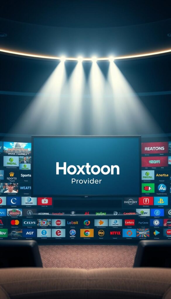 A high-end, modern IPTV subscription service provided by the Hoxtoon Provider. A sleek, sophisticated user interface showcases a vast library of crystal-clear HD channels, spanning sports, movies, news, and entertainment. Cinematic lighting illuminates the scene, creating a sense of premium quality. The composition features a central focus on the Hoxtoon Provider brand, surrounded by vibrant, colorful channel logos and icons in the foreground, middle ground, and background, conveying the breadth and depth of the service. The overall atmosphere radiates a feeling of high-tech, cutting-edge entertainment at your fingertips.