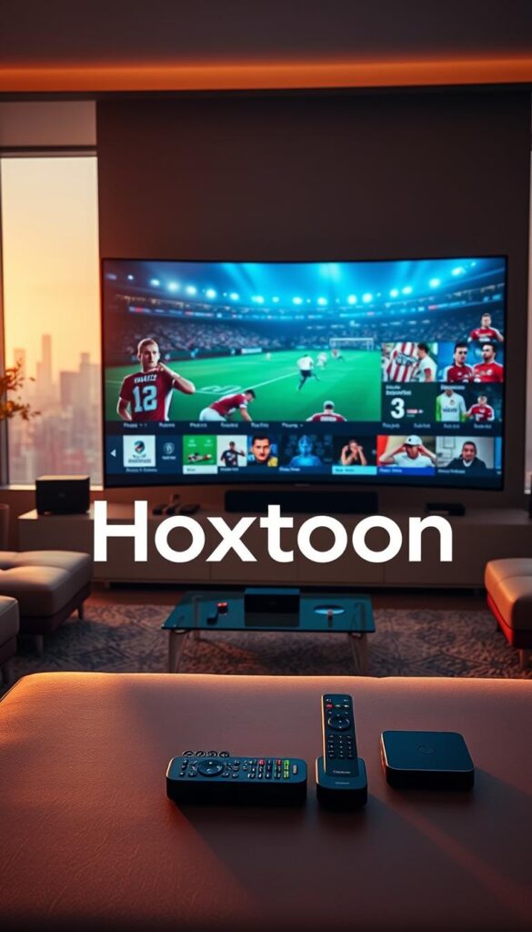 A high-end sports streaming platform with the Hoxtoon Provider logo prominently displayed in the foreground. The scene depicts a sleek, modern living room setting with a large, curved OLED TV screen showcasing a variety of live sports events. The room is bathed in warm, ambient lighting, creating a cozy and immersive atmosphere. In the middle ground, various remote controls and streaming devices are arranged neatly, highlighting the seamless integration of the Hoxtoon service. The background features a subtle cityscape visible through large windows, suggesting the global reach and accessibility of the premium IPTV offering. The overall composition conveys a sense of premium quality, cutting-edge technology, and the ultimate sports viewing experience.