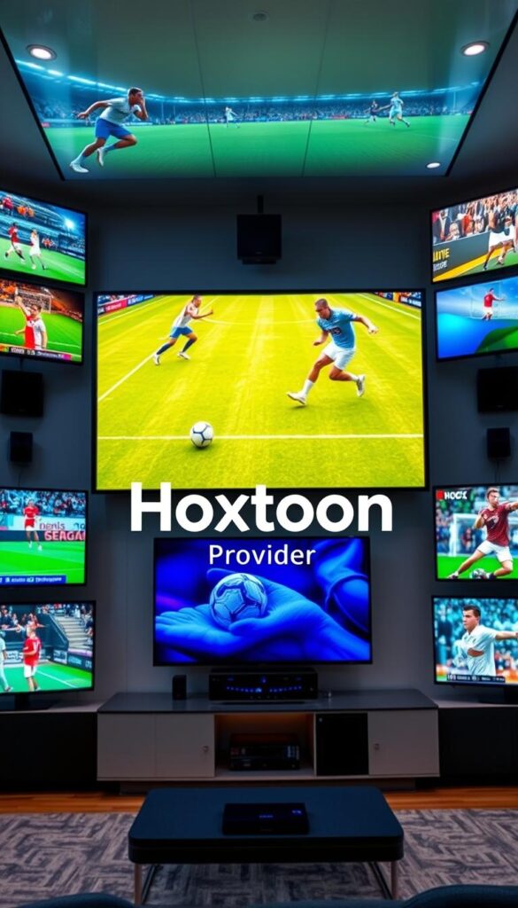 A high-energy scene depicting a variety of live sports channels streaming on multiple screens. In the foreground, a large LED display shows a football game, with dynamic lighting and camera angles capturing the action. Surrounding the central screen are several smaller displays showcasing different sports like basketball, tennis, and golf, all with vibrant colors and crisp visuals. The middle ground features the "Hoxtoon Provider" logo, prominently displayed, conveying the reliable and comprehensive sports programming available through their IPTV service. In the background, a sleek, modern entertainment center with a sophisticated sound system sets the stage for an immersive sports viewing experience. The overall atmosphere is one of excitement, energy, and the thrill of live sports streaming.